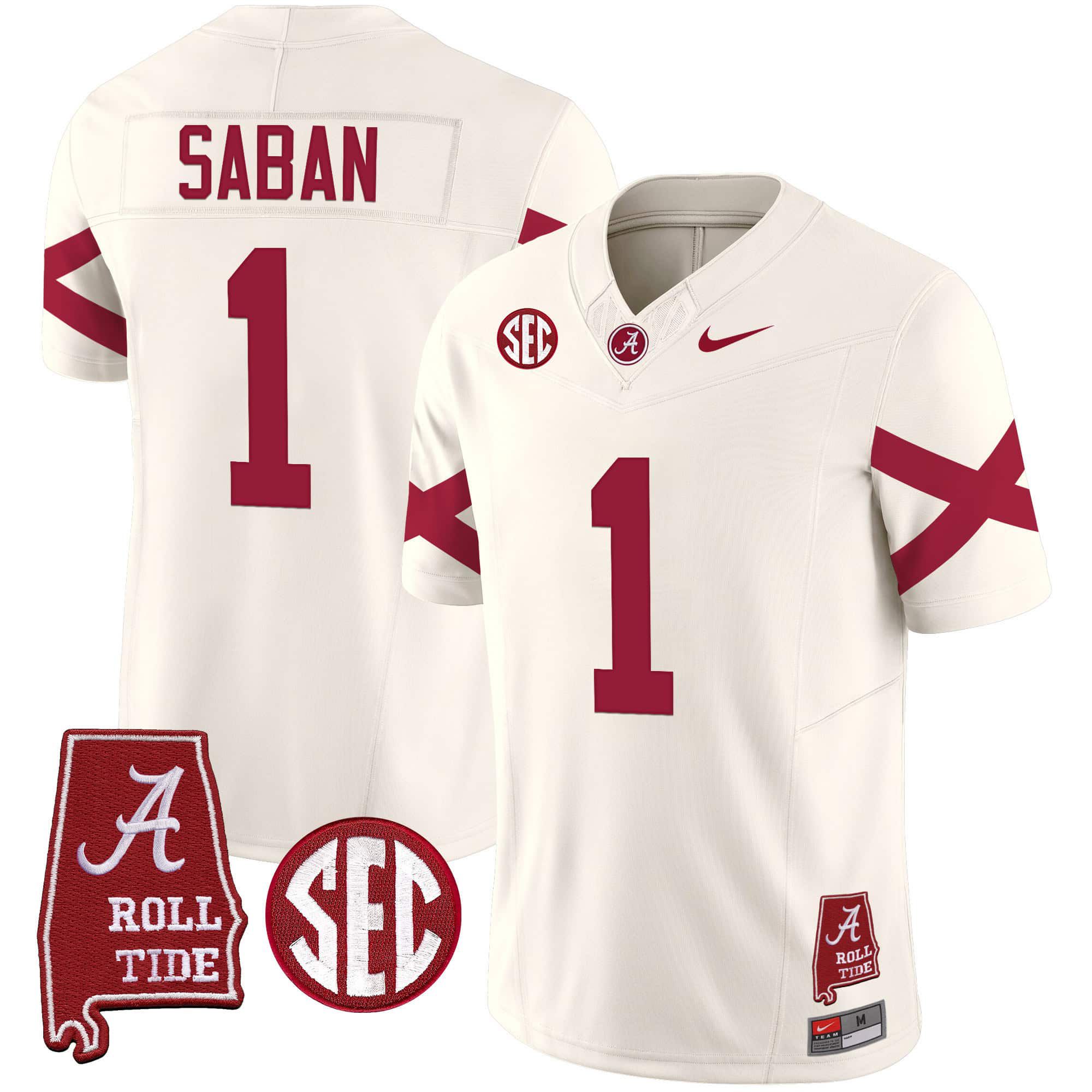 Men Alabama Crimson Tide #1 Saban Cream Map Vapor Limited 2024 Nike NCAA Jersey